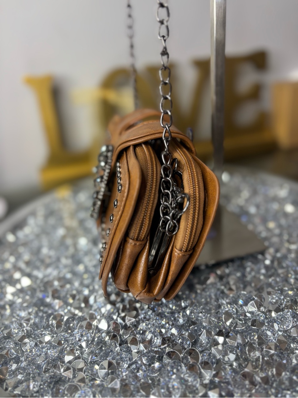 Rhinestone buckle Studded Brown Leather Crossbody NWOT - Picture 9 of 16